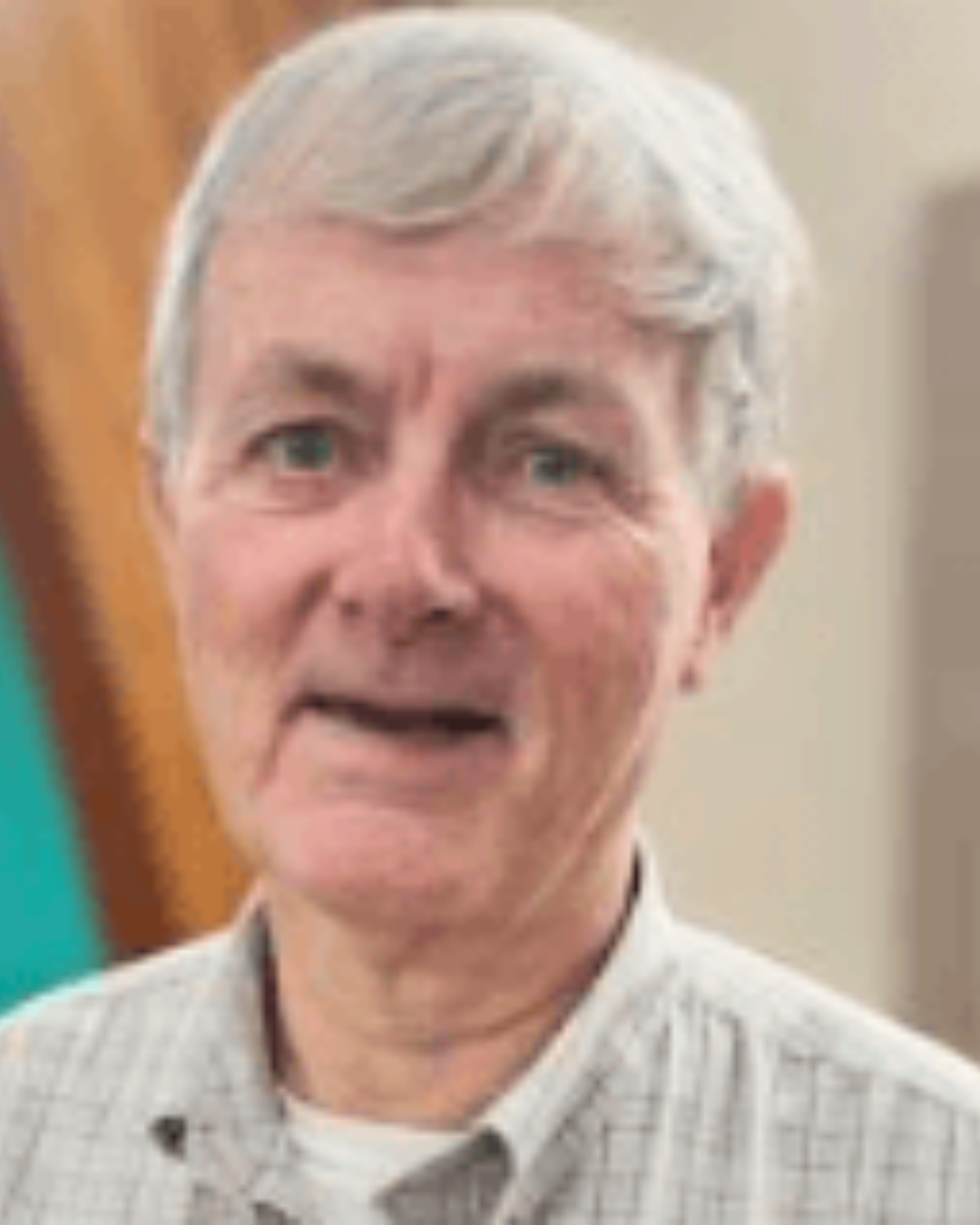 Close-up portrait of a smiling man with short gray hair in a light plaid shirt indoors