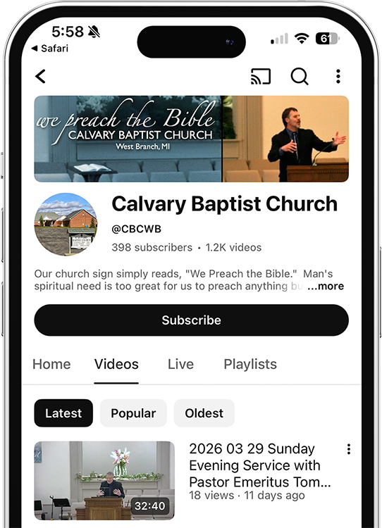 YouTube channel page for Calvary Baptist Church with a sermon banner and video list visible
