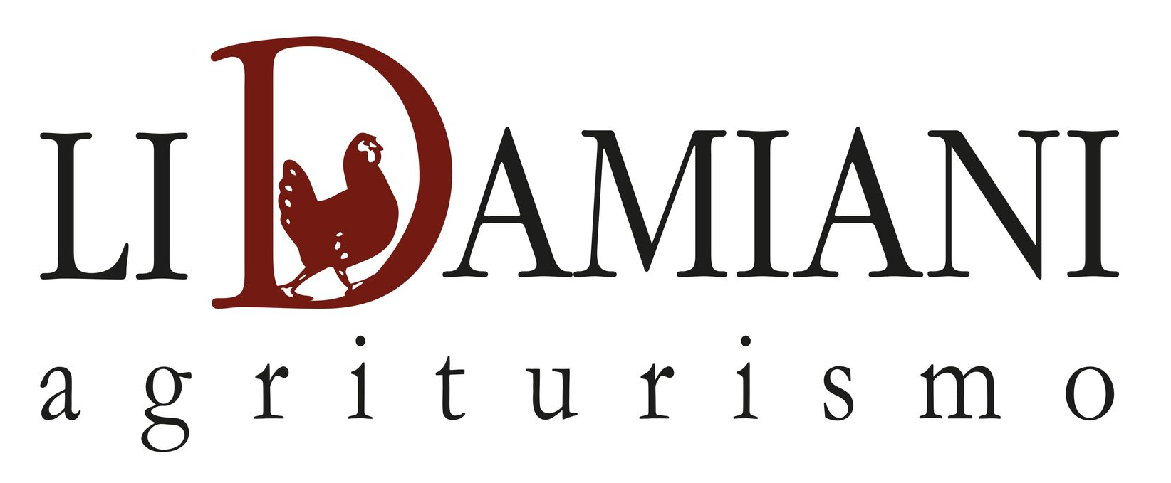 Logo per l'agriturismo Li Damiani: testo nero, pollo rosso stilizzato in una grande 