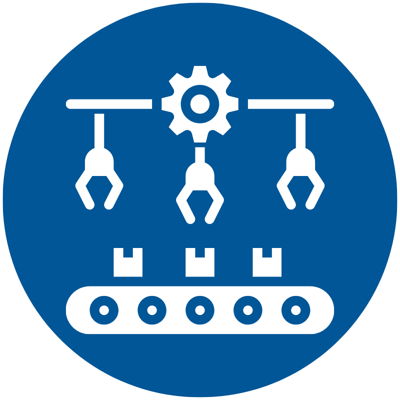 White robotic arms over a conveyor inside a blue circle icon
