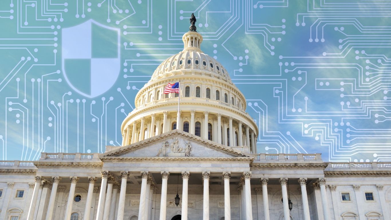 U.S. Capitol building with digital circuit background and shield icon, suggesting cybersecurity and government protection