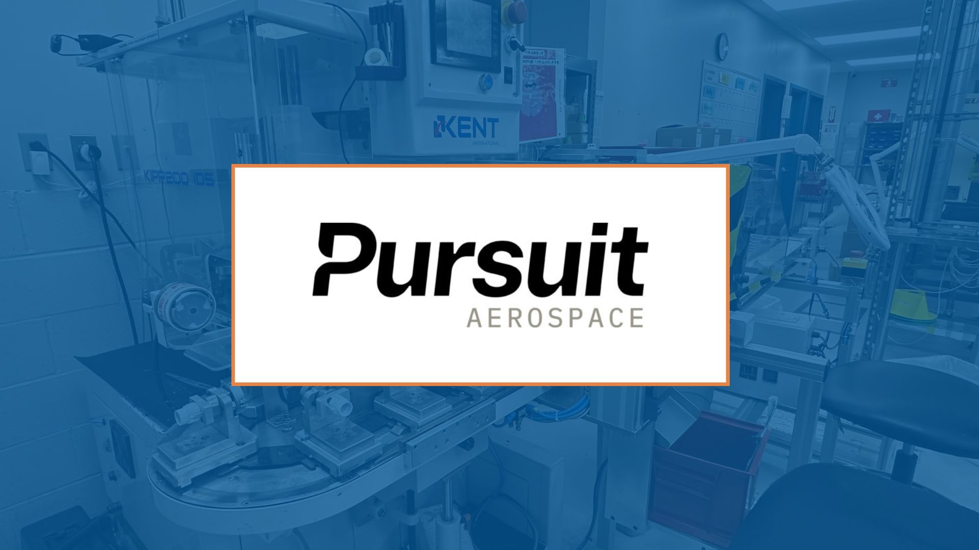 Pursuit Aerospace logo over a blurred medical equipment background. The logo is white text on a black rectangular box.