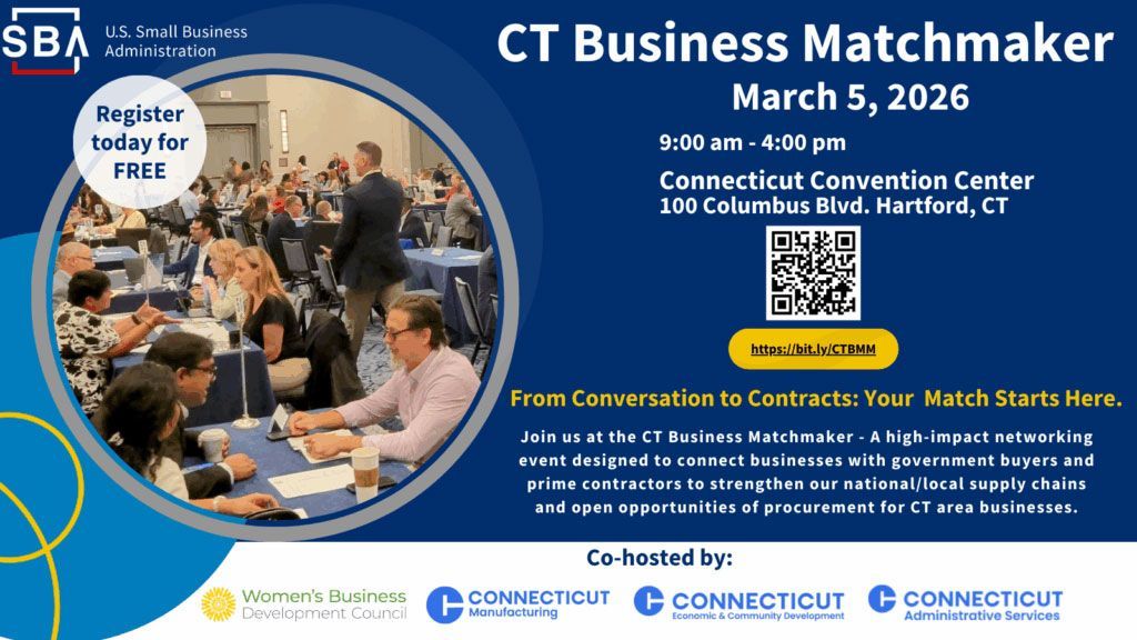 Advertisement for CT Business Matchmaker event on March 5, 2026, at the Connecticut Convention Center.