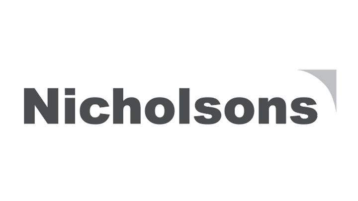 Nicholsons logo in dark gray, with a light gray curved design element.