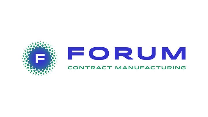 Logo for Forum Contract Manufacturing; blue text and a graphic of a blue letter 