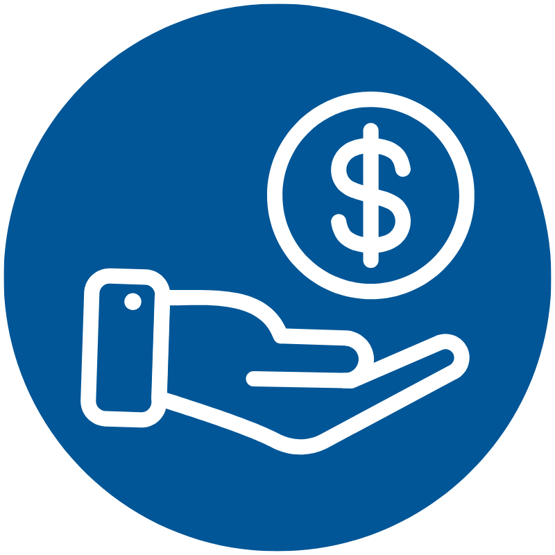 White hand holding a dollar sign in a circle on a blue background