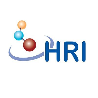 Logo with interconnected spheres (orange, blue, brown) and blue