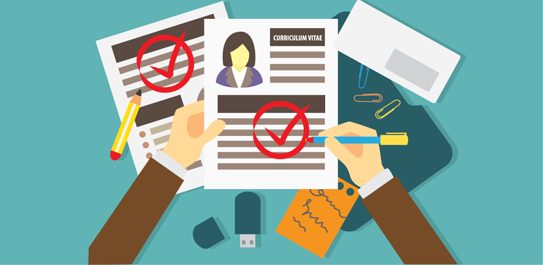 Hands reviewing a resume, marked with a red check, with a blue background.