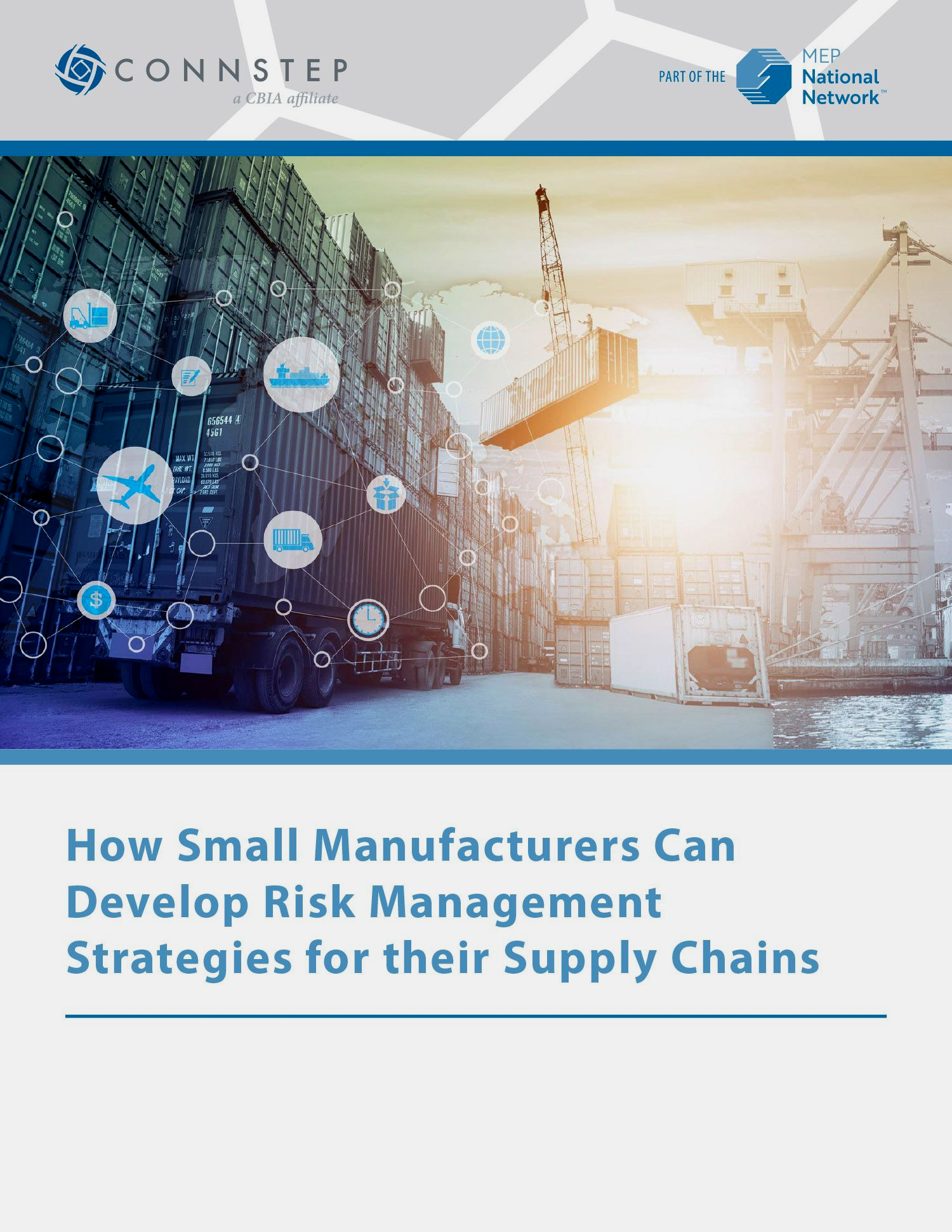 Cover: Supply chain graphic. Title: How Small Manufacturers Can Develop Risk Management Strategies.