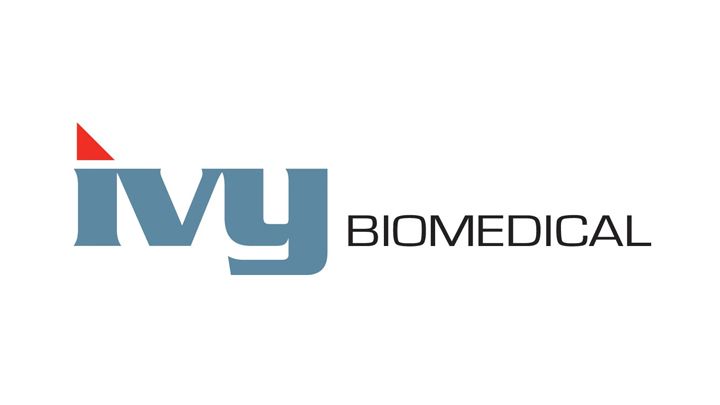 Logo for Ivy Biomedical in blue with a red triangle above the