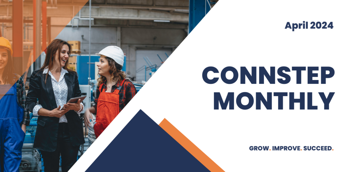 Connstep Monthly publication cover. Construction workers talking in a factory setting, title with date, and tagline.