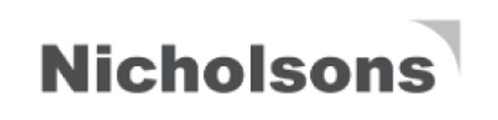Nicholsons logo in dark gray text with a gray curved triangle.