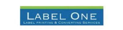 Logo for Label One, label printing and converting services. Blue and green rectangular design with white text.