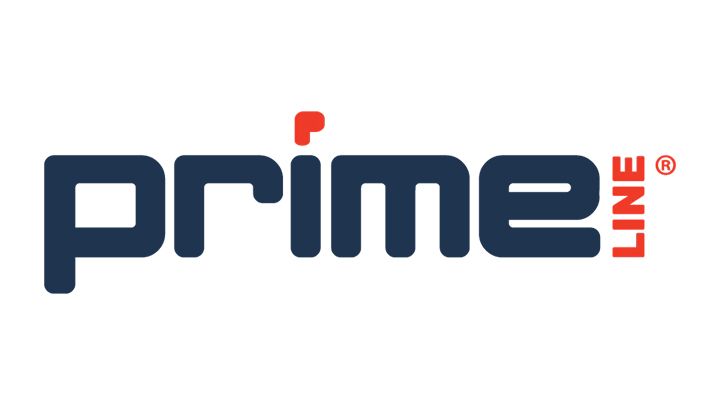 Logo for Prime Line: dark blue text with a red square above the 'i' and red