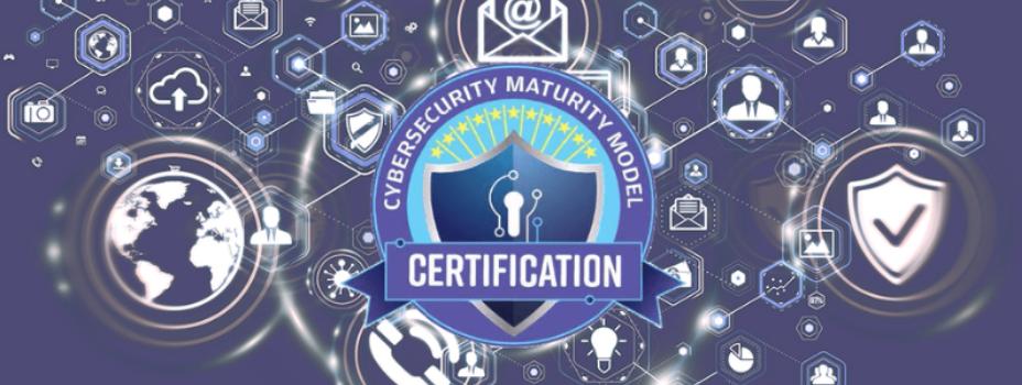 Logo for Cybersecurity Maturity Model Certification. Shield with keyhole, surrounded by digital icons, and banner that reads 