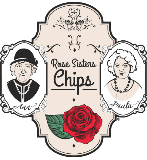 Rose Sisters Chips logo: Two women's portraits flank text, with a rose and ornate frame.