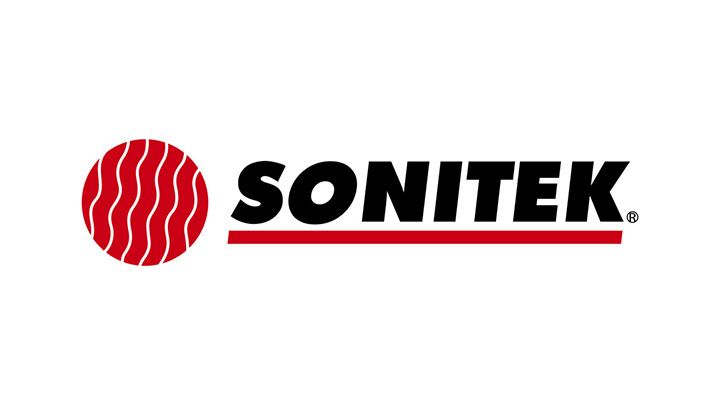 Logo for Sonitek: red circle with curved lines, black 