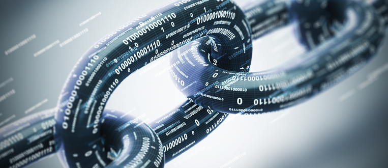 Close-up of a chain link overlaid with binary code, suggesting blockchain technology.