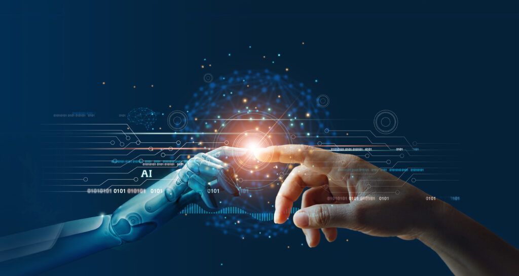 Human hand touching a robotic hand, central bright light with blue background and floating particles.