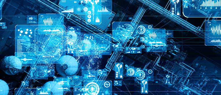 Abstract blue digital interface with data visualization and sphere-like shapes.