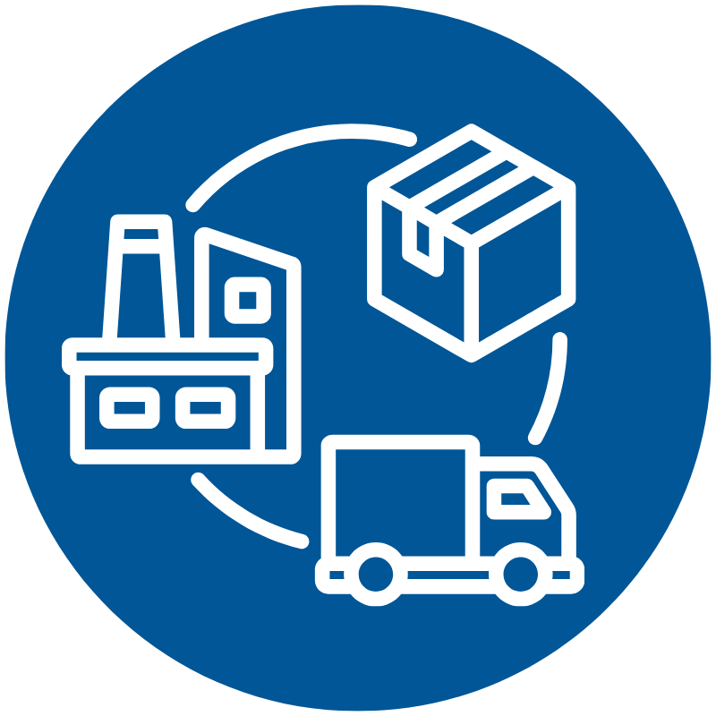 Blue logistics icon showing a factory, package, and delivery truck connected in a circle