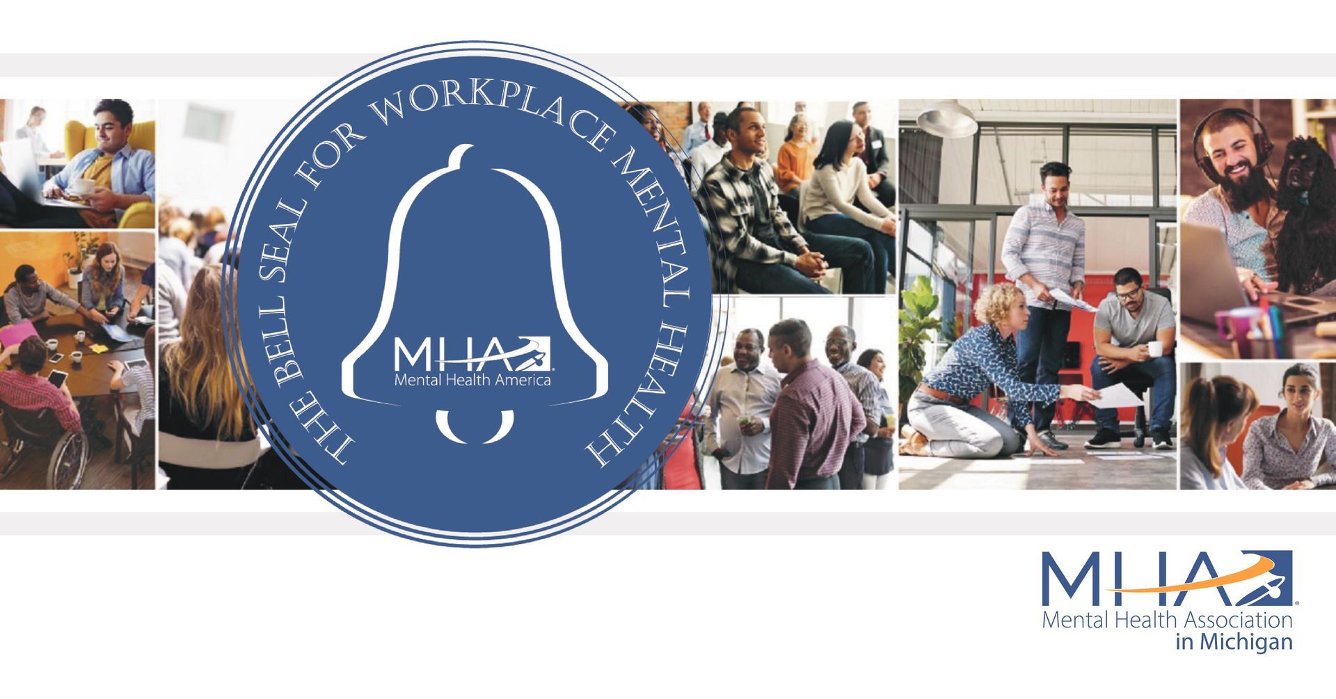 A collage of people sitting around a bell that says seal for workplace mental health