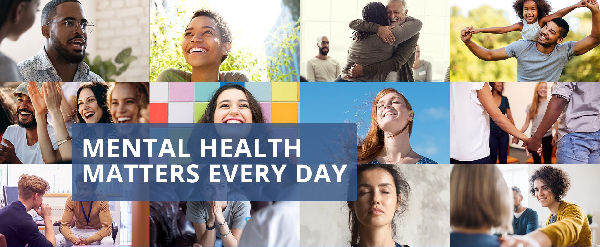 A collage of pictures of people with the words `` mental health matters every day ''.