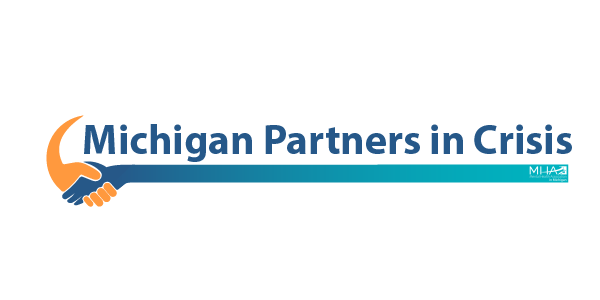 The logo for michigan partners in crisis shows a handshake.