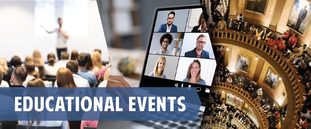 A banner for educational events shows a group of people having a video call on a cell phone.