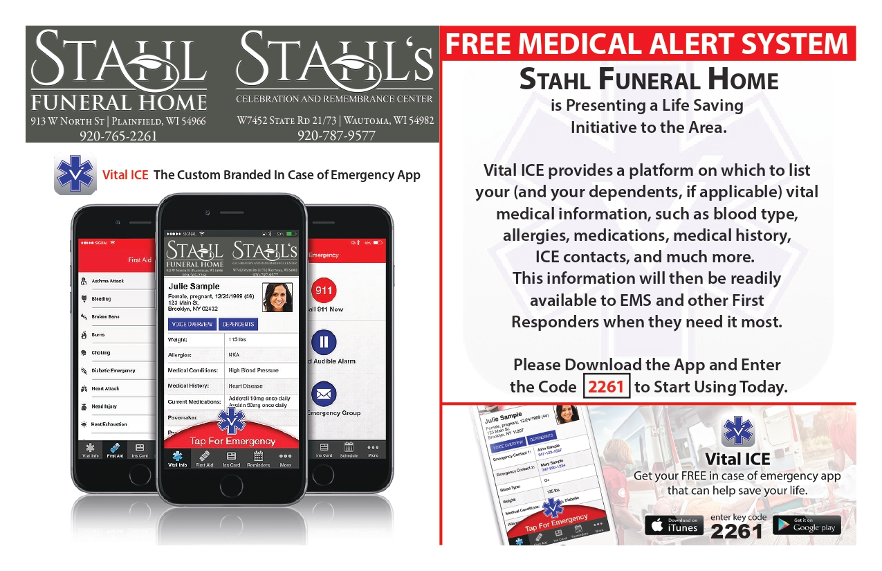 A flyer for stahl 's funeral home shows a free medical alert system.