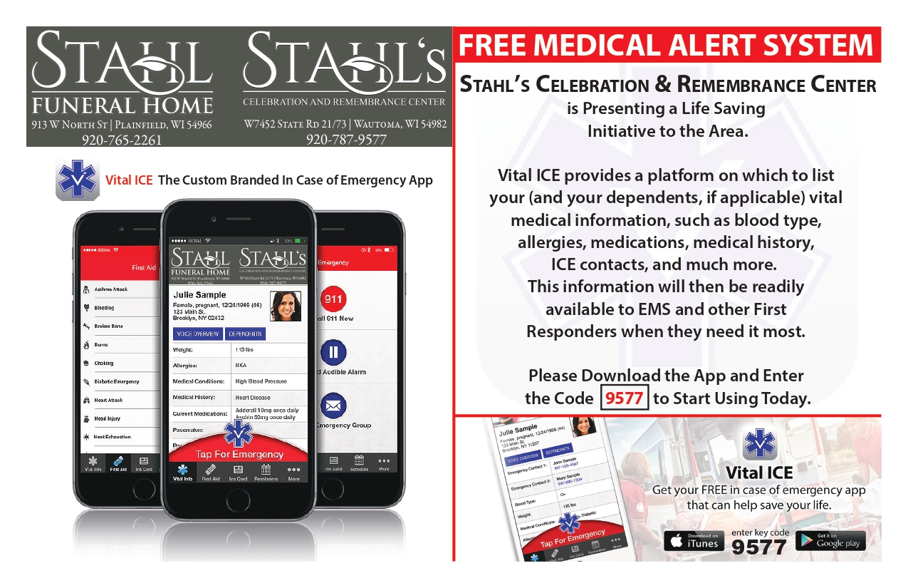 An advertisement for stahl 's free medical alert system.