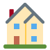 Stylized yellow house with red roof, blue windows, and a brown door on green grass