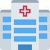 Hospital building icon with a red cross and blue windows