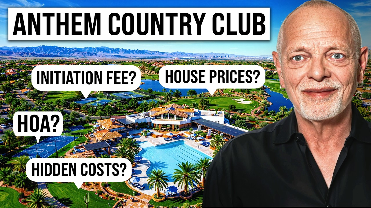 Anthem Country Club thumbnail with golf course, pool, and text bubbles about fees, prices, HOA, and hidden costs