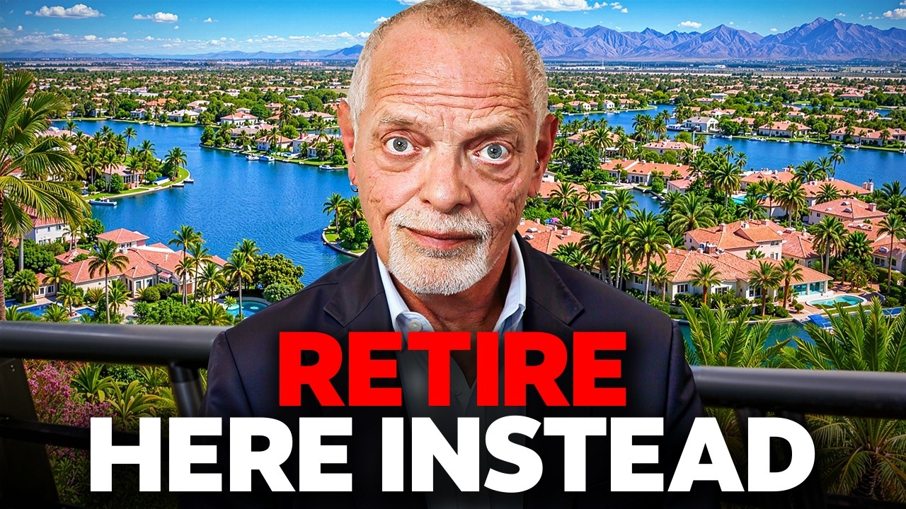 Man in foreground over sunny lakeside resort with palm trees and mountains; bold text reads “RETIRE HERE INSTEAD”
