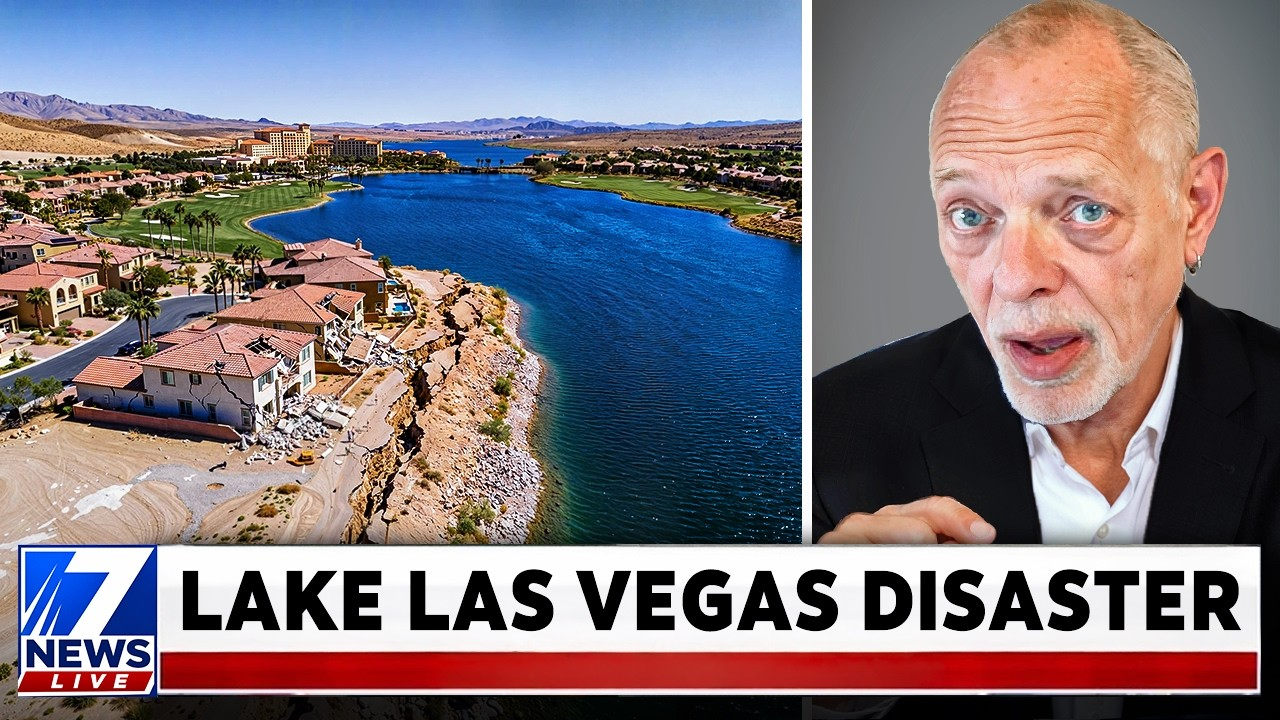 News graphic about Lake Las Vegas disaster, showing aerial lake view and a shocked older man beside a headline.