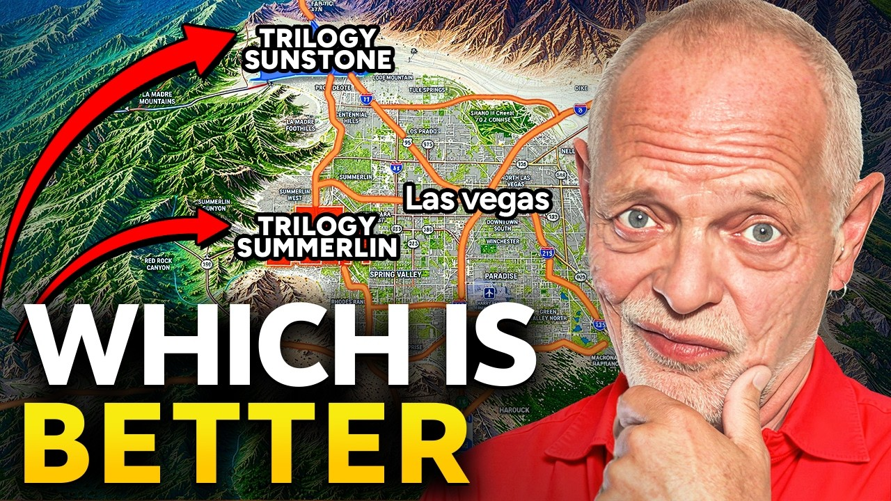 Map comparing Trilogy Sunstone and Trilogy Summerlin in Las Vegas, with a man pointing and “WHICH IS BETTER” text.