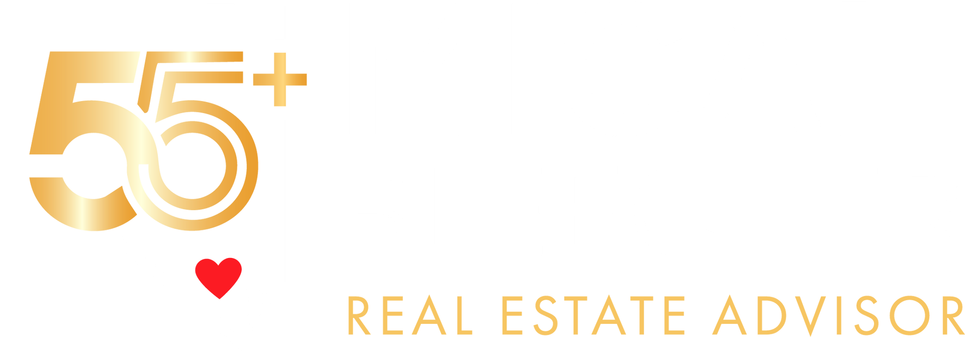 Logo | Micah Bleecher Group 55+ real estate advisor logo with gold text and a small red heart on a white background