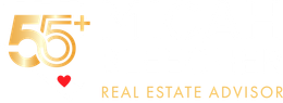 Logo | Micah Bleecher Group 55+ real estate advisor logo with gold text and a small red heart on a white background