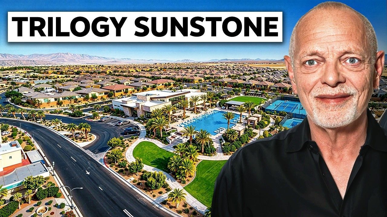 TRILOGY SUNSTONE banner over aerial suburb and smiling bald man on the right