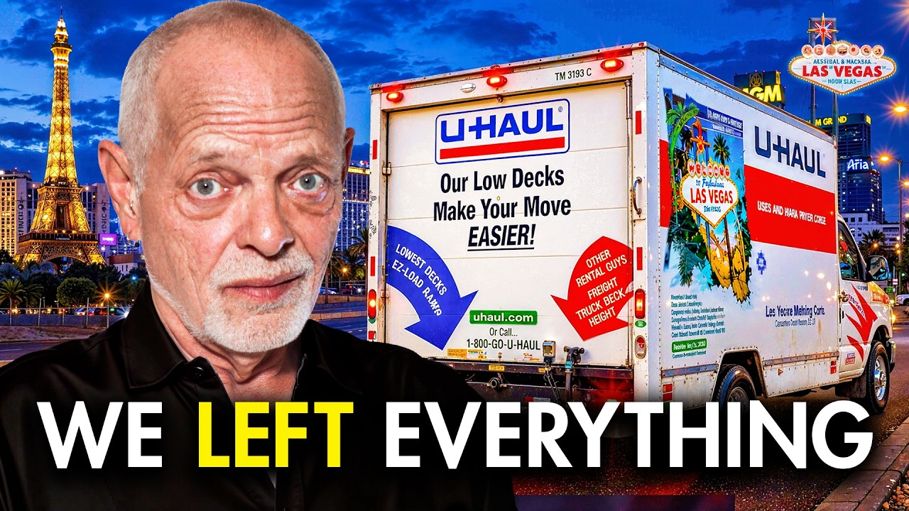 U-Haul moving truck beside shocked bald man with Vegas skyline and “WE LEFT EVERYTHING” text