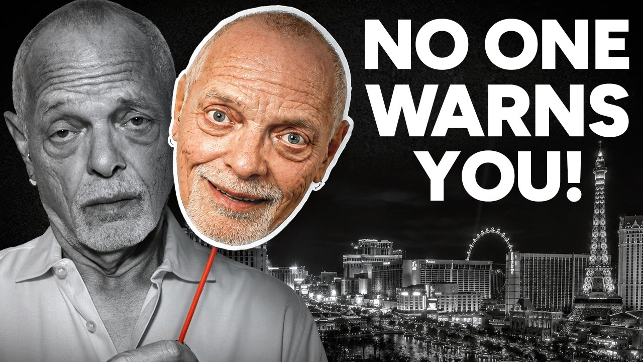 Man in grayscale with a color cutout face, bold text “NO ONE WARNS YOU!”, city skyline at night.