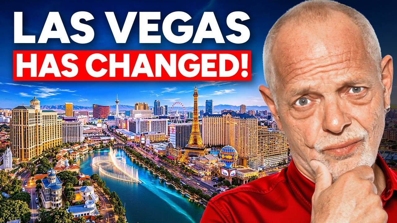 “Las Vegas has changed!” text over city skyline and river; man in red shirt with thoughtful expression on right