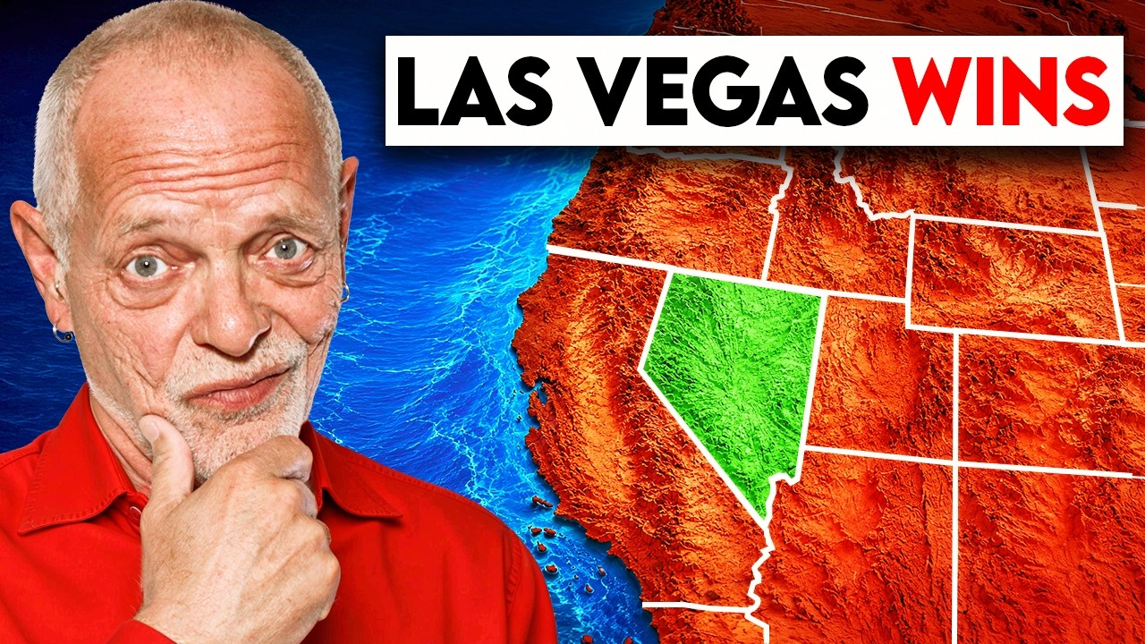 Man in red shirt beside U.S. Southwest map with Nevada highlighted and text “LAS VEGAS WINS”