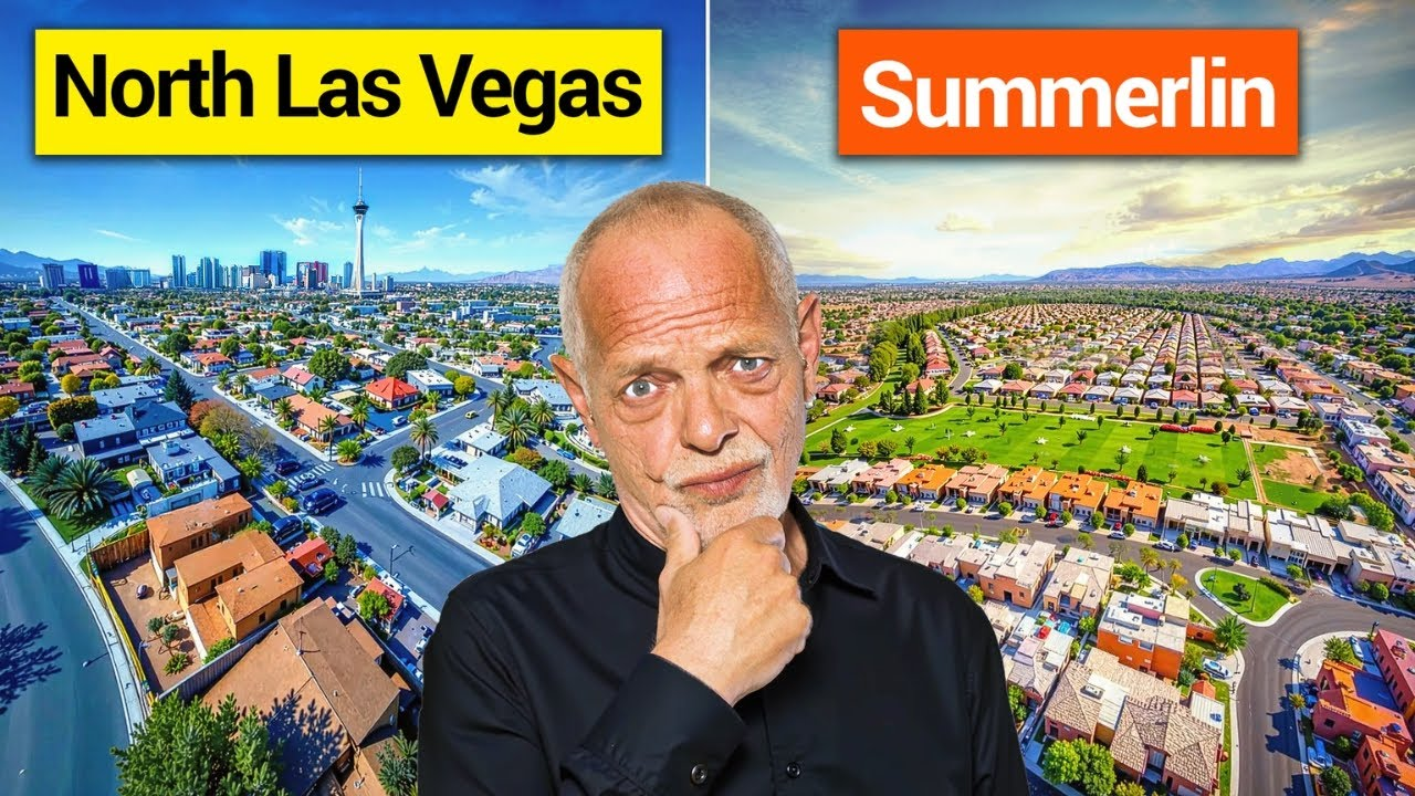 Split-view of North Las Vegas and Summerlin with a man in front, hands on chin, under labeled city banners