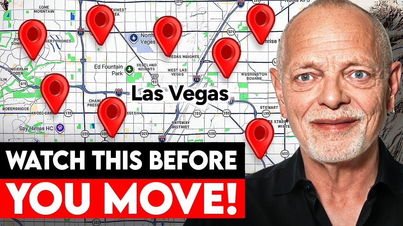 Las Vegas map with red pins, bold “WATCH THIS BEFORE YOU MOVE!” text, and a man’s portrait on the right