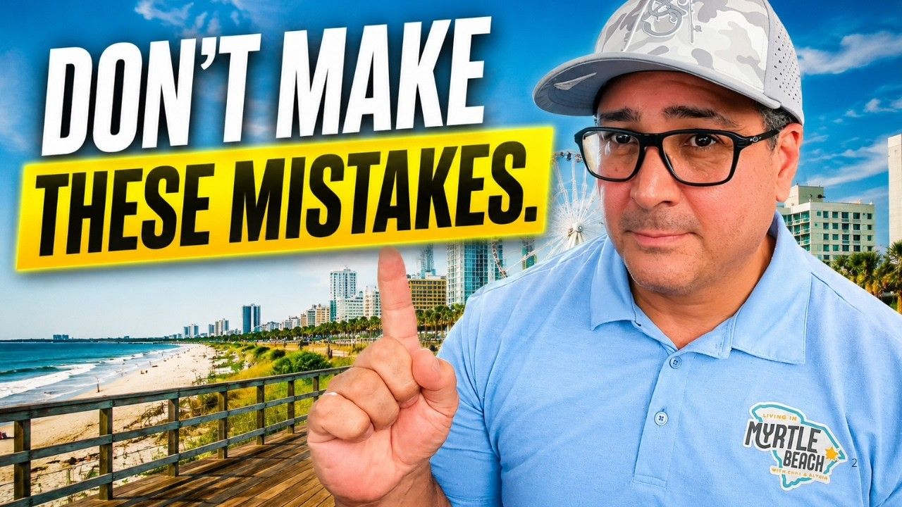 Man in glasses and cap points beside bold text “DON’T MAKE THESE MISTAKES” over a sunny beachboardwalk backdrop