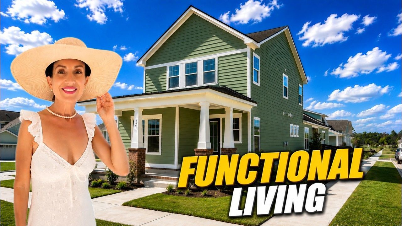 Woman in a straw hat standing by a green house with “FUNCTIONAL LIVING” text overlay