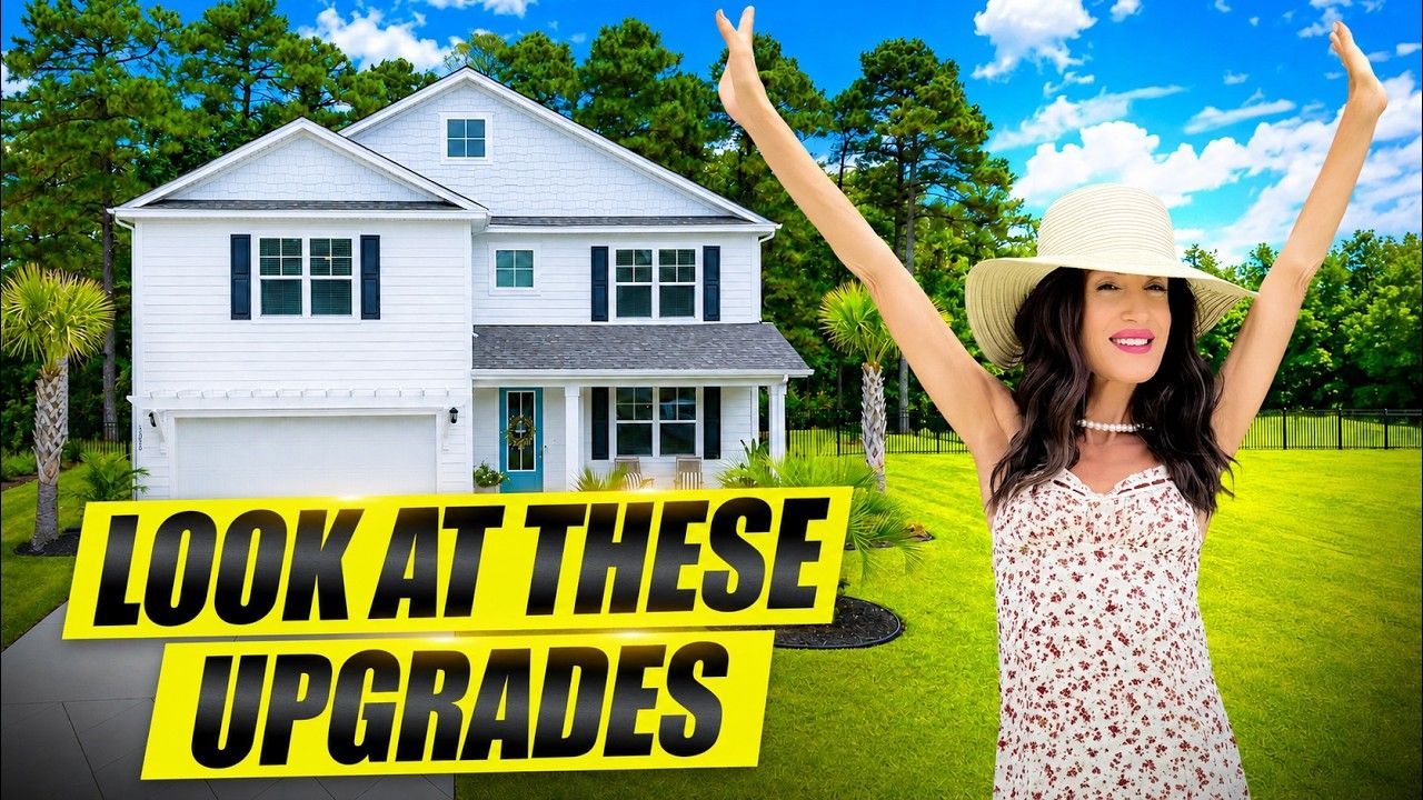 White house and smiling woman in sunhat with arms raised; bold text says “LOOK AT THESE UPGRADES”