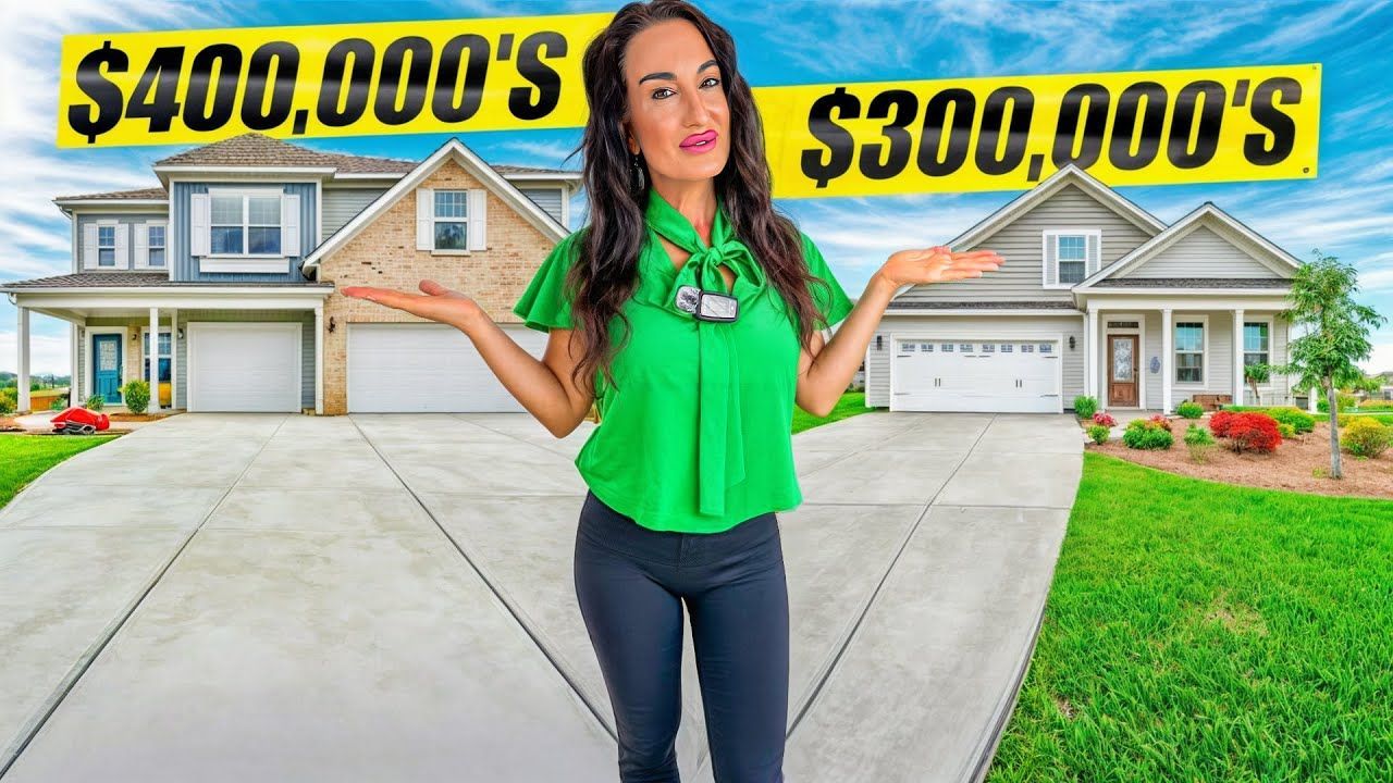 Woman gesturing between two suburban homes labeled